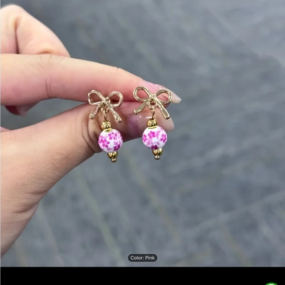 Frenchcore Gold and Pink Floral Earrings with Bows NWT
